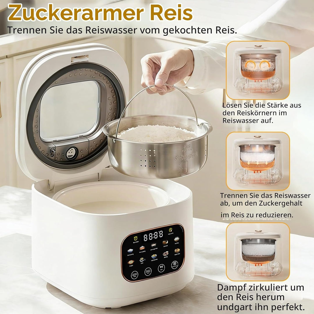 Reiskocher 3L, mit Low Sugar Funktion, 10 Programme, Low Carb Funktion | Rice Cooker, Dampfgarer, To