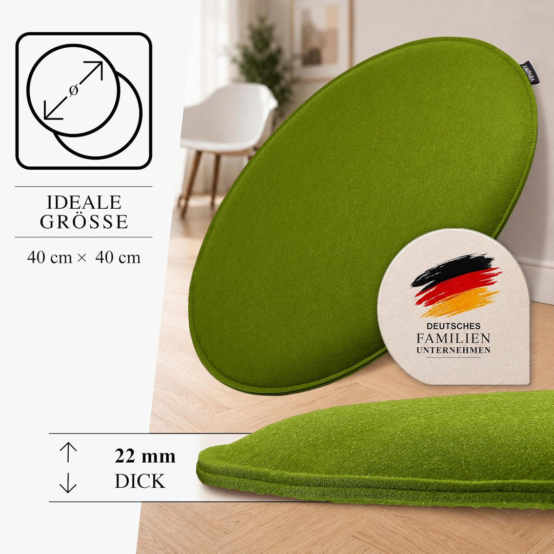 4er Set - Edle Stuhlkissen rund 40cm - rutschfest &amp; gemütlich, Stuhlauflage rund aus Filz, Grün, Grü