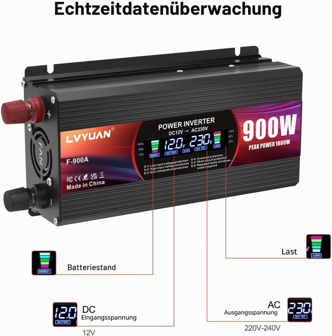 LVYUAN Wechselrichter 12V 230V 900W Spannungswandler Stromumwandler mit EU Steckdosen, 2 USB, Alliga