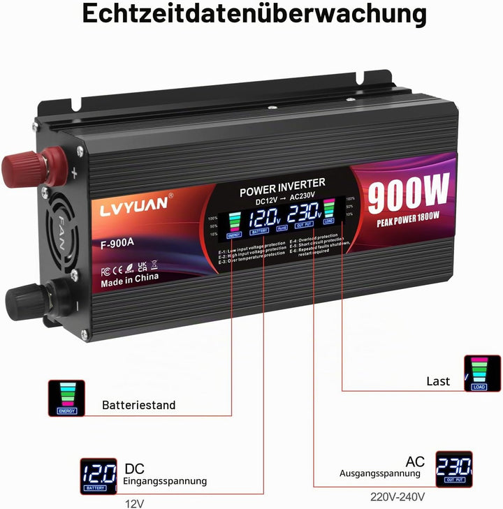 LVYUAN Wechselrichter 12V 230V 900W Spannungswandler Stromumwandler mit EU Steckdosen, 2 USB, Alliga