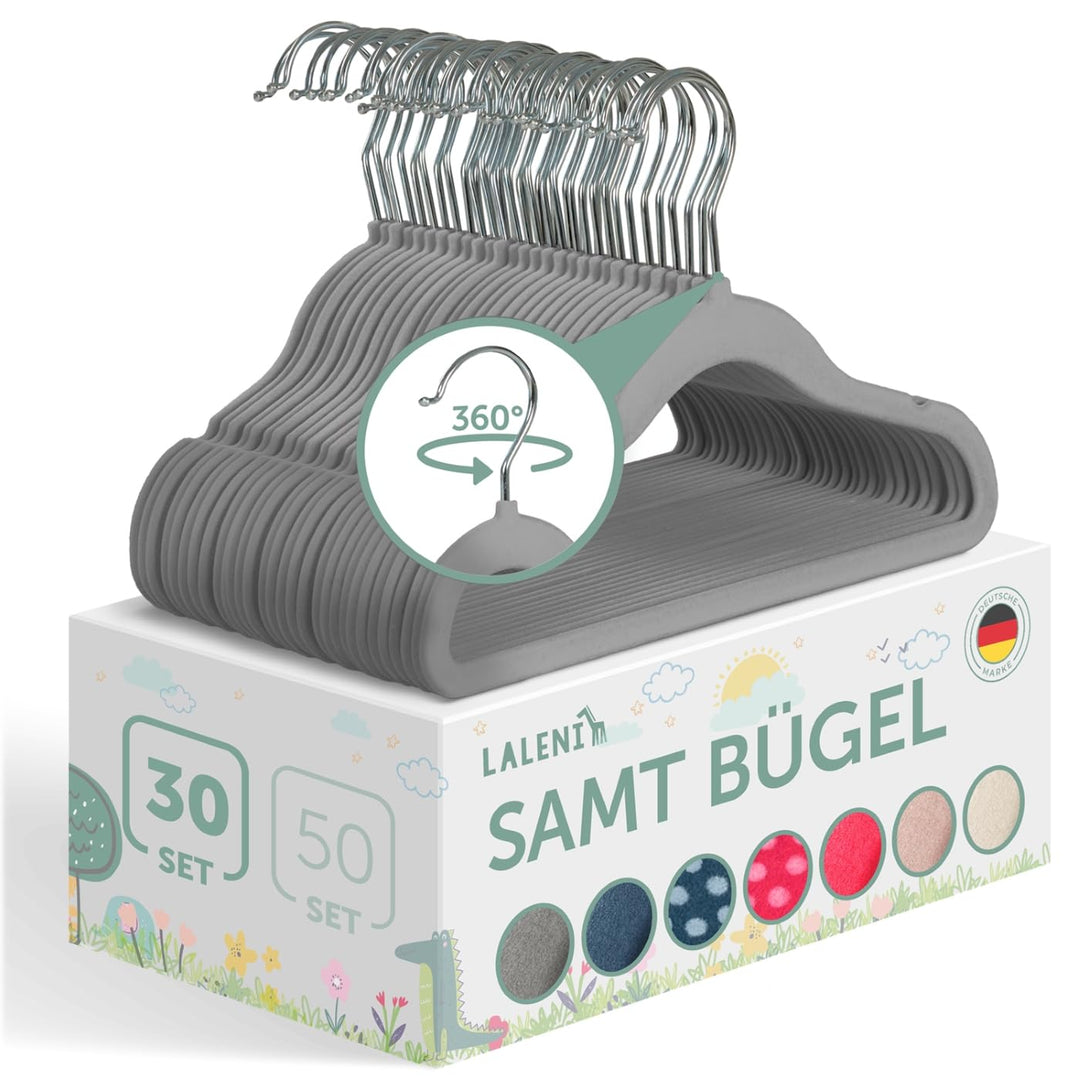 Laleni Kinderkleiderbügel 30 Stück + Samtbezug - platzsparende Kleiderbügel Kinder - 360° drehbare K