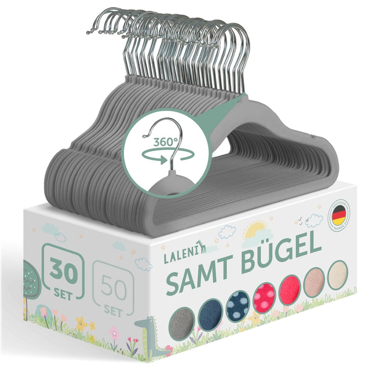 Laleni Kinderkleiderbügel 30 Stück + Samtbezug - platzsparende Kleiderbügel Kinder - 360° drehbare K