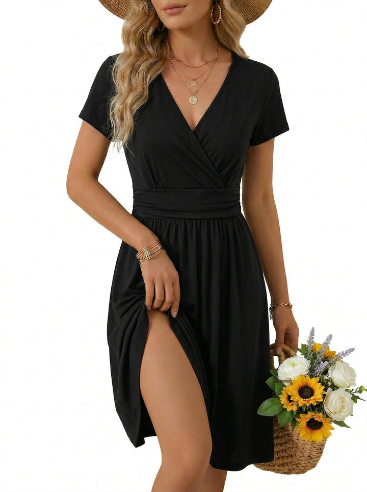 OUGES Kleid Damen Kurzarm/Langarm Winterkleid V-Ausschnitt Casual Midi Freizeitkleid mit Taschen M S