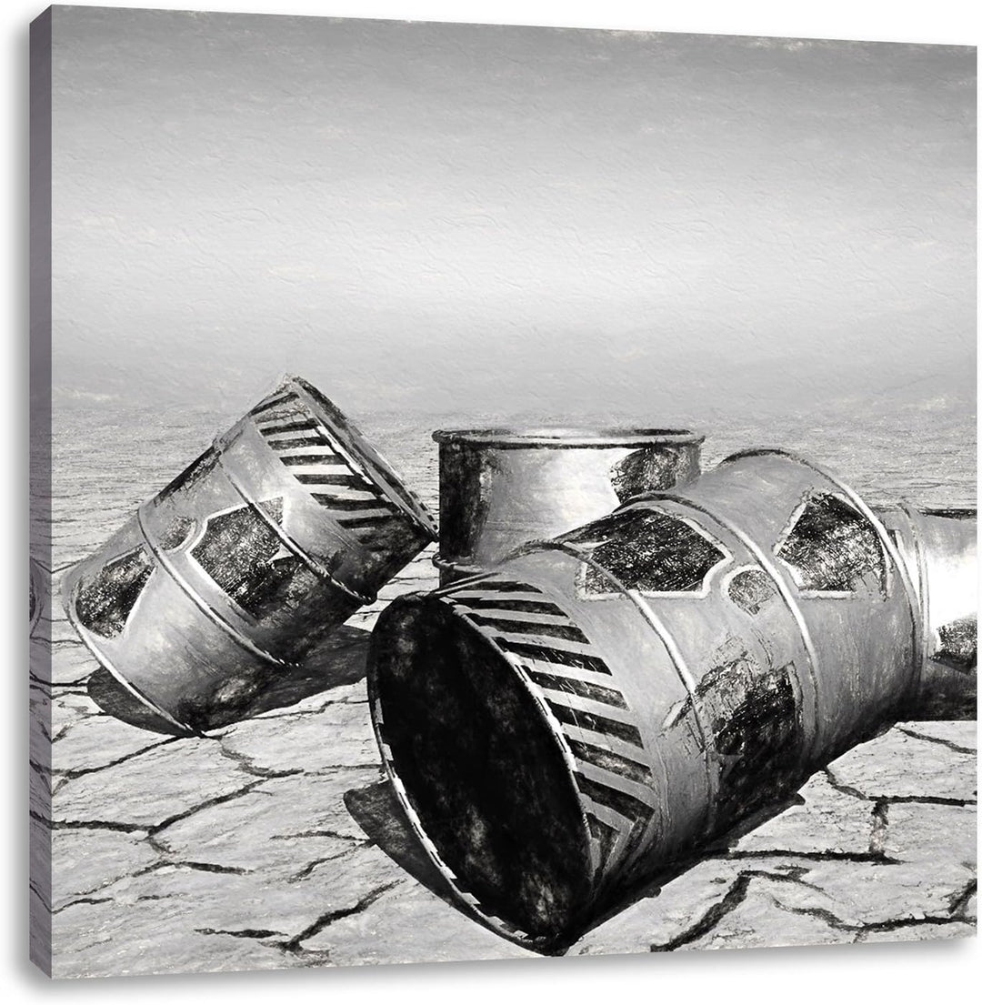 Pixxprint Atomfässer in Wüste als Leinwandbild | Grösse: 70x70 cm | Wandbild | Kunstdruck | fertig b