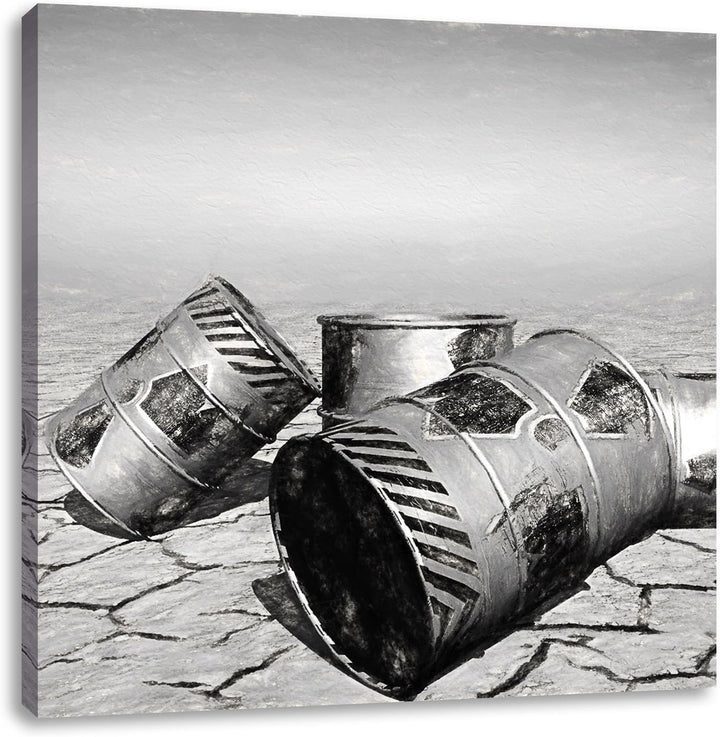 Pixxprint Atomfässer in Wüste als Leinwandbild | Grösse: 70x70 cm | Wandbild | Kunstdruck | fertig b