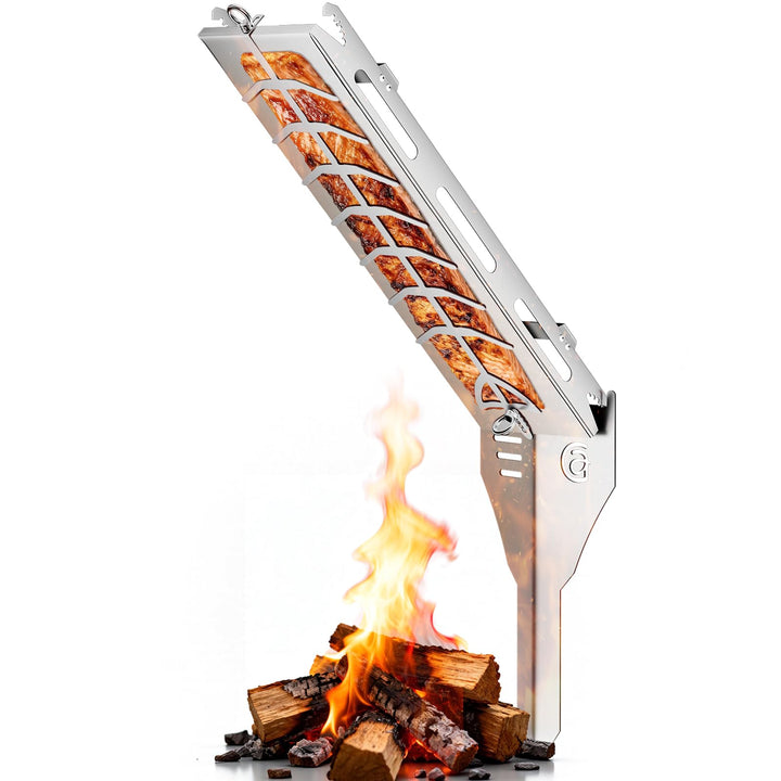 G.a HOMEFAVOR Flammlachsbrett Edelstahl 56 x 17 cm, inkl. Erdspiess Lachsbrett zum Grillen Feuerscha