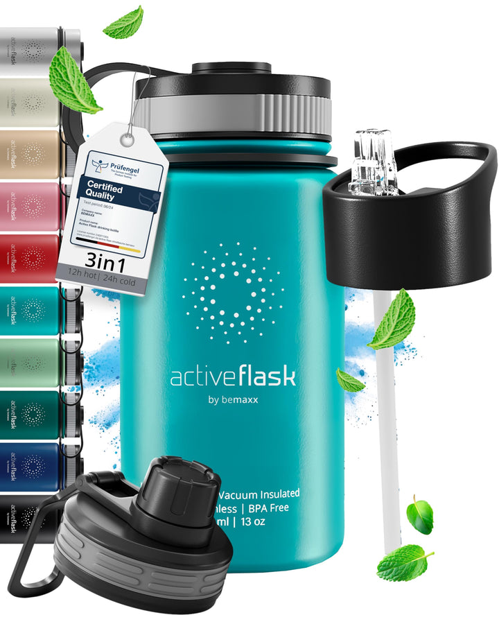 Trinkflasche Edelstahl ACTIVE FLASK + Strohhalm (3 Deckel) BPA-frei, Auslaufsicher, Kohlensäure geei