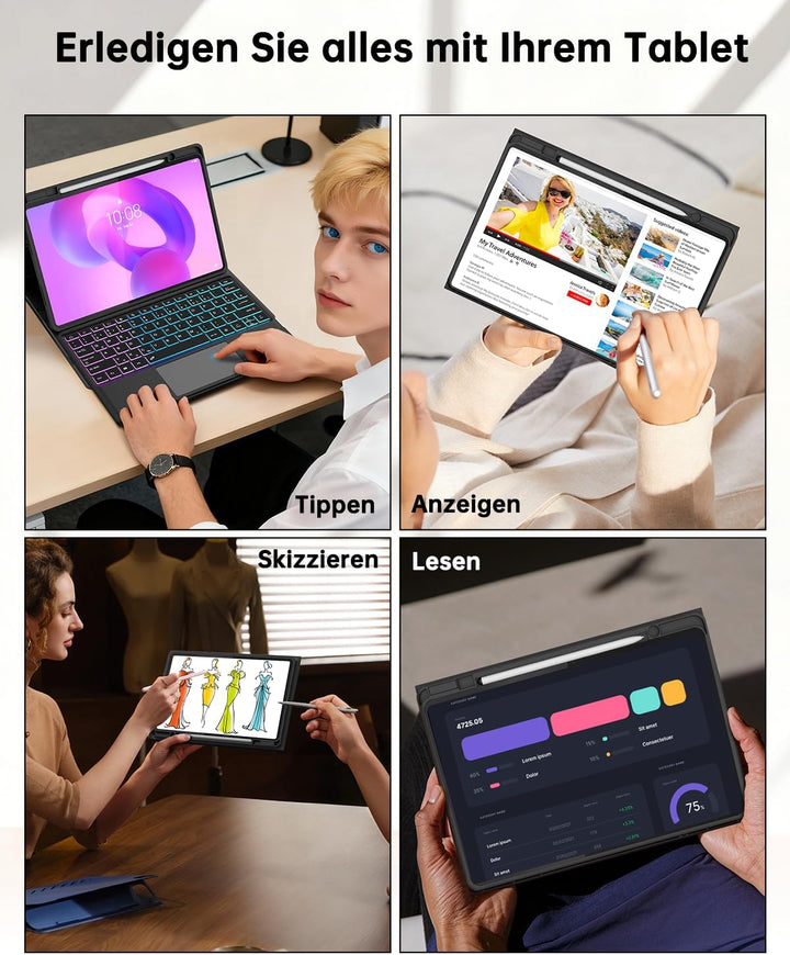 ROOFEI für Lenovo Idea Tab Plus 12,1 Zoll 2025 Hülle mit QWERTZ Tastatur - Regenbogen-Hintergrundbel
