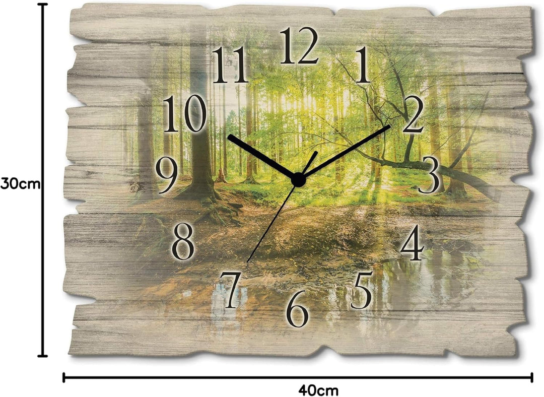 ARTLAND Wanduhr ohne Tickgeräusche aus Holz Quarzuhr 40x30 cm Rechteckig Lautlos Wald Landschaft Bac