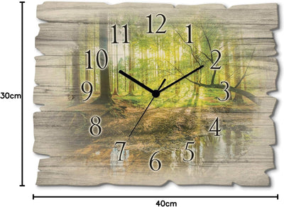 ARTLAND Wanduhr ohne Tickgeräusche aus Holz Funkuhr 40x30 cm Rechteckig Lautlos Wald Landschaft Bach