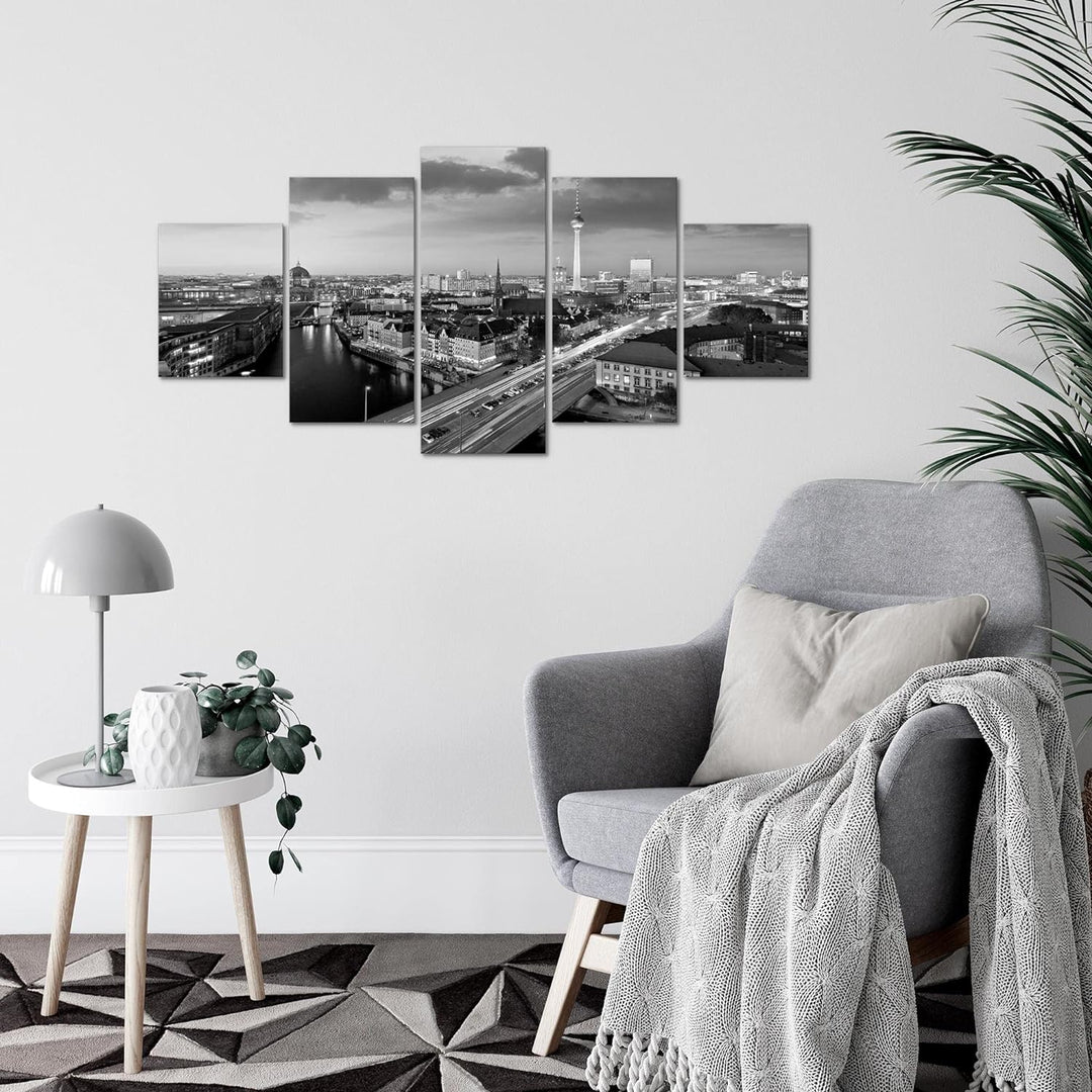 Runa Art Wandbilder Berlin 5 Teilig Bild auf Vlies Leinwand Deko Büro Wohnzimmer Stadt Schwarz Weiss