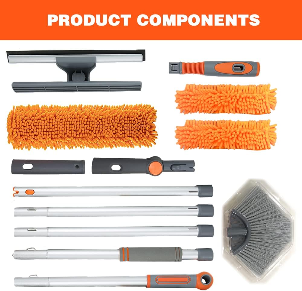 AIRLIWELL Fensterwischer-Reiniger und Staubwedel, Fensterteleskopstiel, Mikrofaser, Gummi, Orange