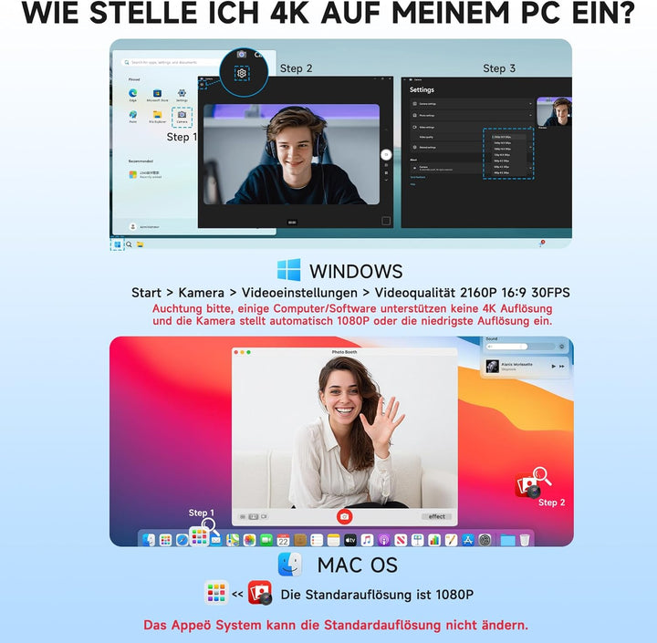 AOC 4K Webcam mit Mikrofon, Autofokus, Automatische Lichtkorrektur, 99° Ansicht, Objektivabdeckung,
