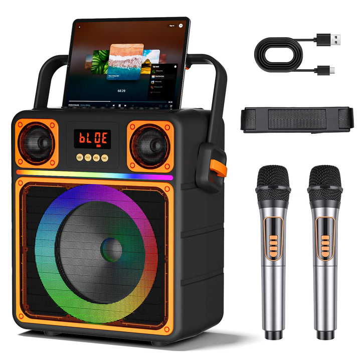 Karaoke Maschine mit 2 Mikrofone, GuKKK Tragbaren Bluetooth Lautsprecher Box und DJ-Lichtern für Erw