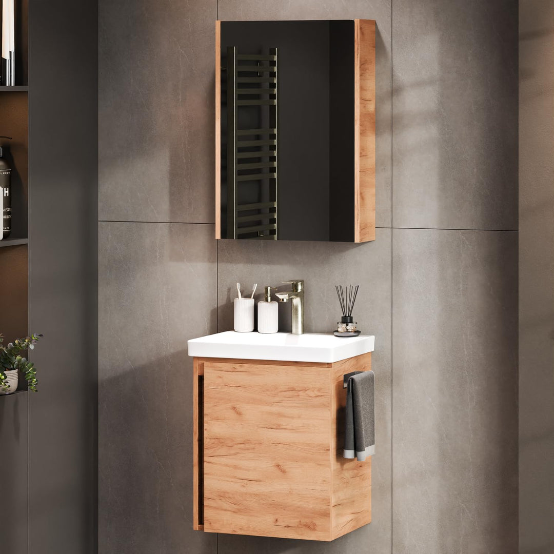 Planetmöbel Waschtisch + Spiegelschrank Badmöbel Set 50cm für Badezimmer WC (Gold Eiche), Gold Eiche