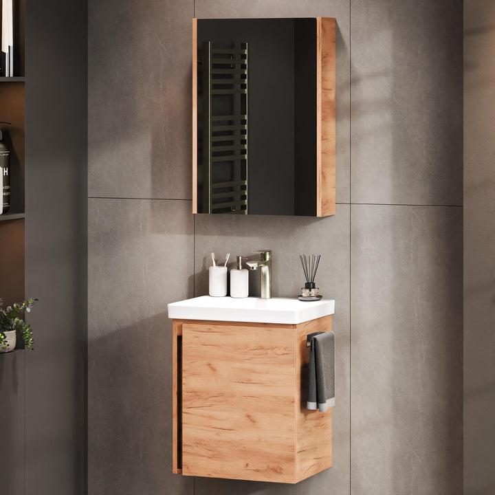 Planetmöbel Waschtisch + Spiegelschrank Badmöbel Set 50cm für Badezimmer WC (Gold Eiche), Gold Eiche