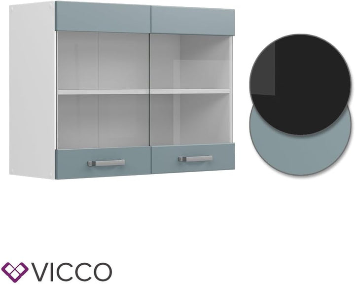 Vicco Küchenglasschrank R-Line, Glashängeschrank, Blau-Grau/Weiss, 80 cm, Blau-grau Hängeglassc