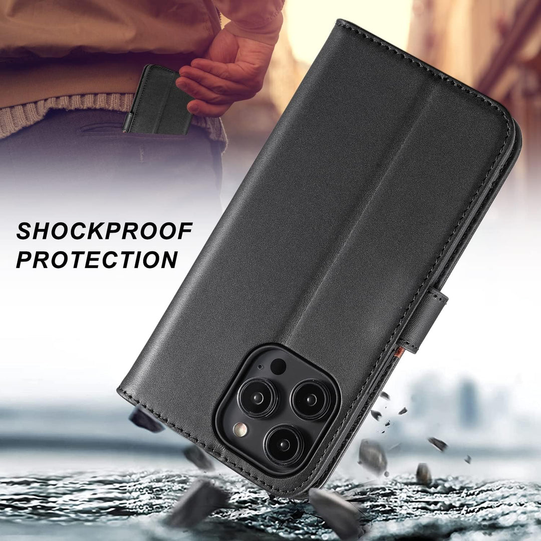 LENSUN Echtleder Hülle für iPhone 14 Pro Max, Handyhülle [Echtes Leder][Magnetverschluss][RFID Schut