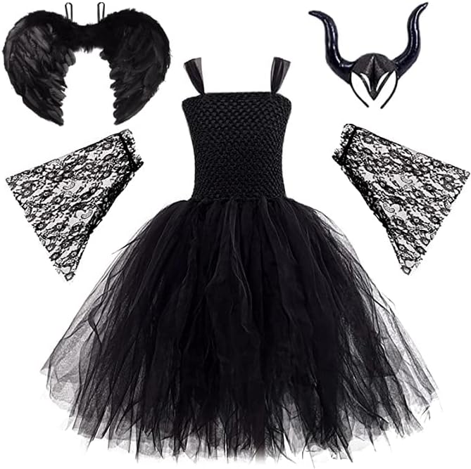 AMOBON Maleficent Kostüm Set für Kinder, Mädchen Böse Königin Kleid mit Hörner Kopfschmuck und Schwa