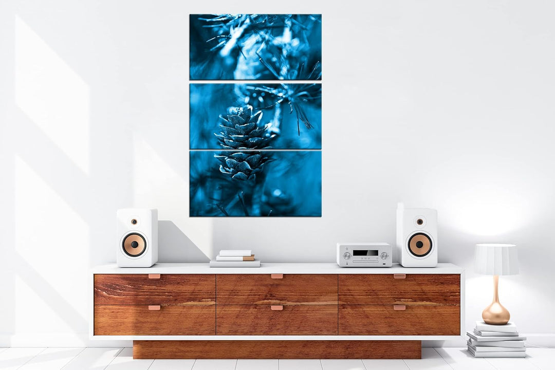 deyoli Tannenzapfen am Ast Format 120x80 3Teilig Effekt: Monocrome Blau als Leinwandbild, Motiv fert