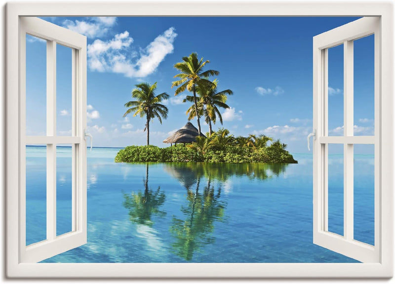 ARTland Leinwandbilder Wandbild Bild auf Leinwand 100x70 cm Fensterblick Fenster Meer Insel Palmen K