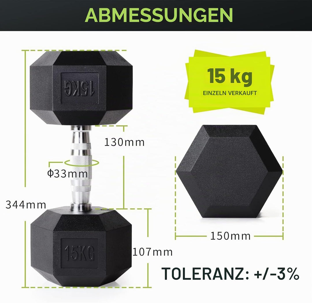 PhysKcal Hexagon Hanteln Poly-Gummierte | 2,5-20 kg | Rutschsicher Ummantelt | Ergonomische Verchrom