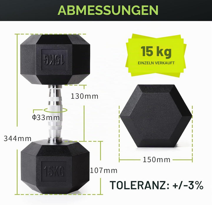 PhysKcal Hexagon Hanteln Poly-Gummierte | 2,5-20 kg | Rutschsicher Ummantelt | Ergonomische Verchrom
