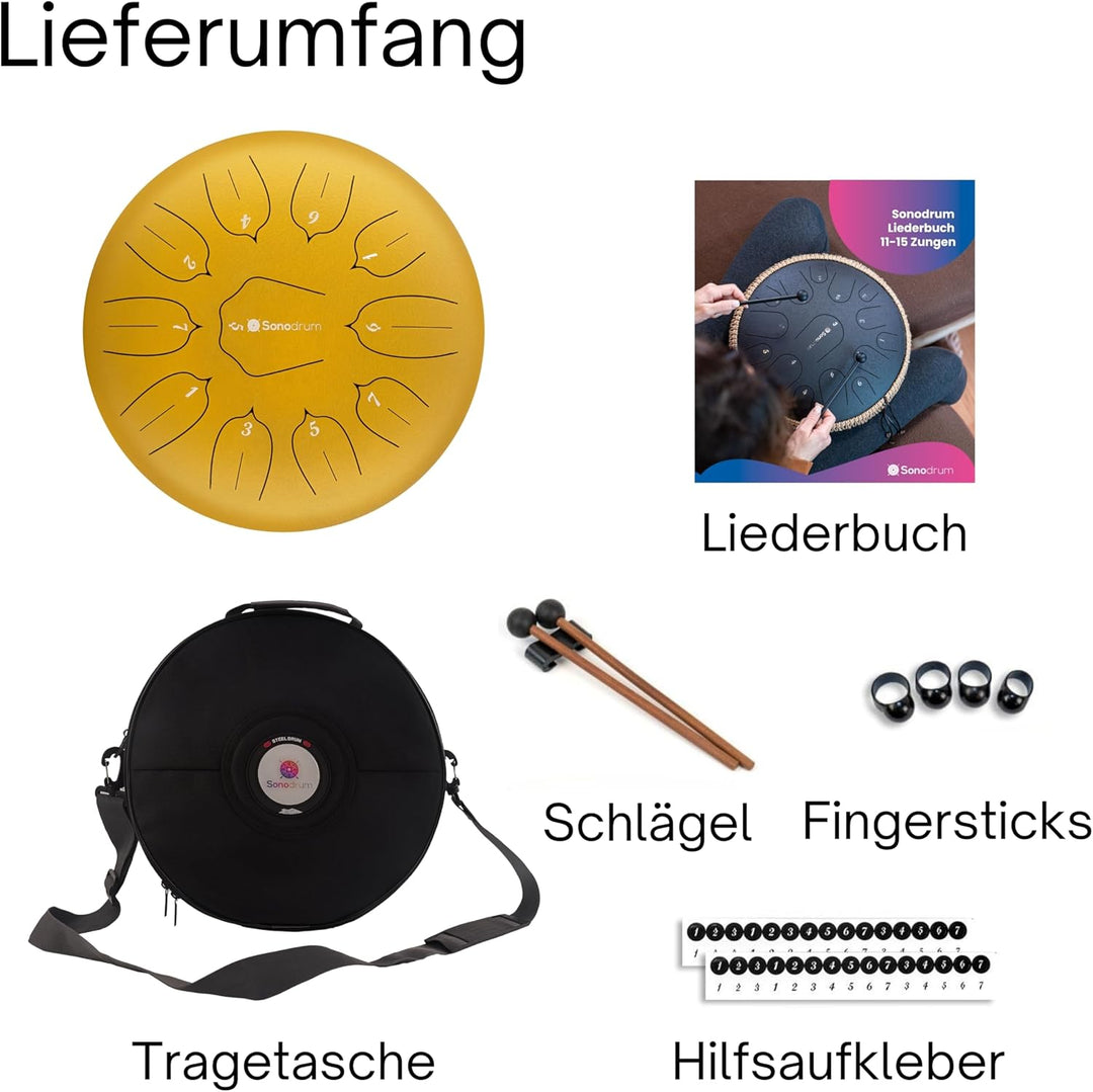 Sonodrum Zungentrommel "Standard 30cm D-Dur" in Gold - Tongue Drum inkl. Schlägel, gratis Liederbuch