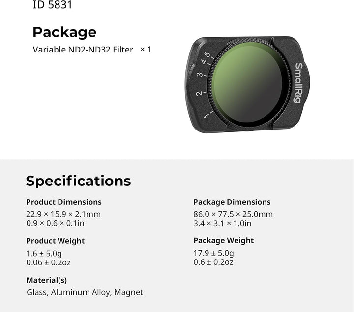 SMALLRIG Magnetischer, Verstellbarer ND2-ND32-Filter für DJI Osmo Pocket4 / Osmo Pocket 3, doppelsei