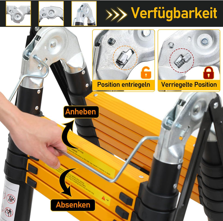 Eulenke teleskopleiter klappleiter 1,9M+1,9M Aluleiter 6+6 Stufen Stehleiter Klappleiter, 150 kg Bel