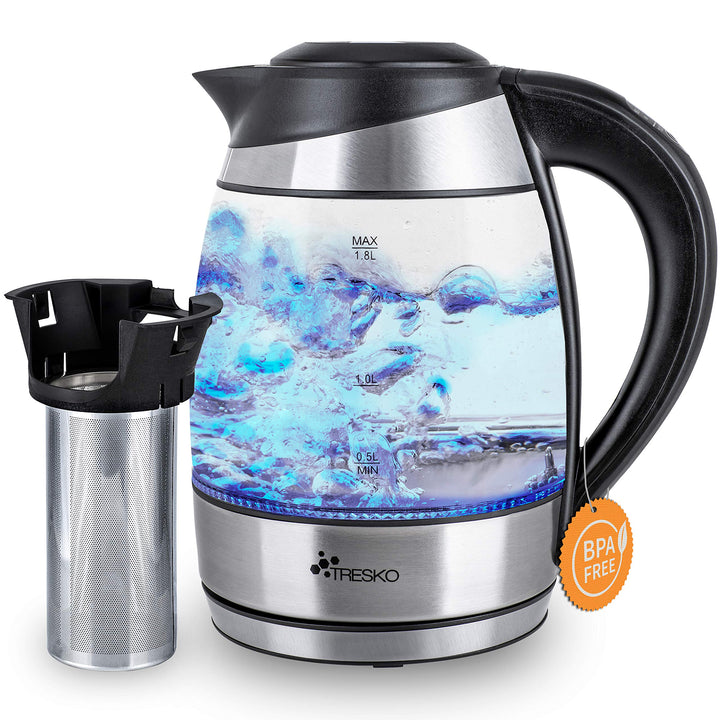 TRESKO Glas Wasserkocher 1,8L Edelstahl mit Teesieb und Kalkfilter | LED Innenbeleuchtung | TÜV-Rhei