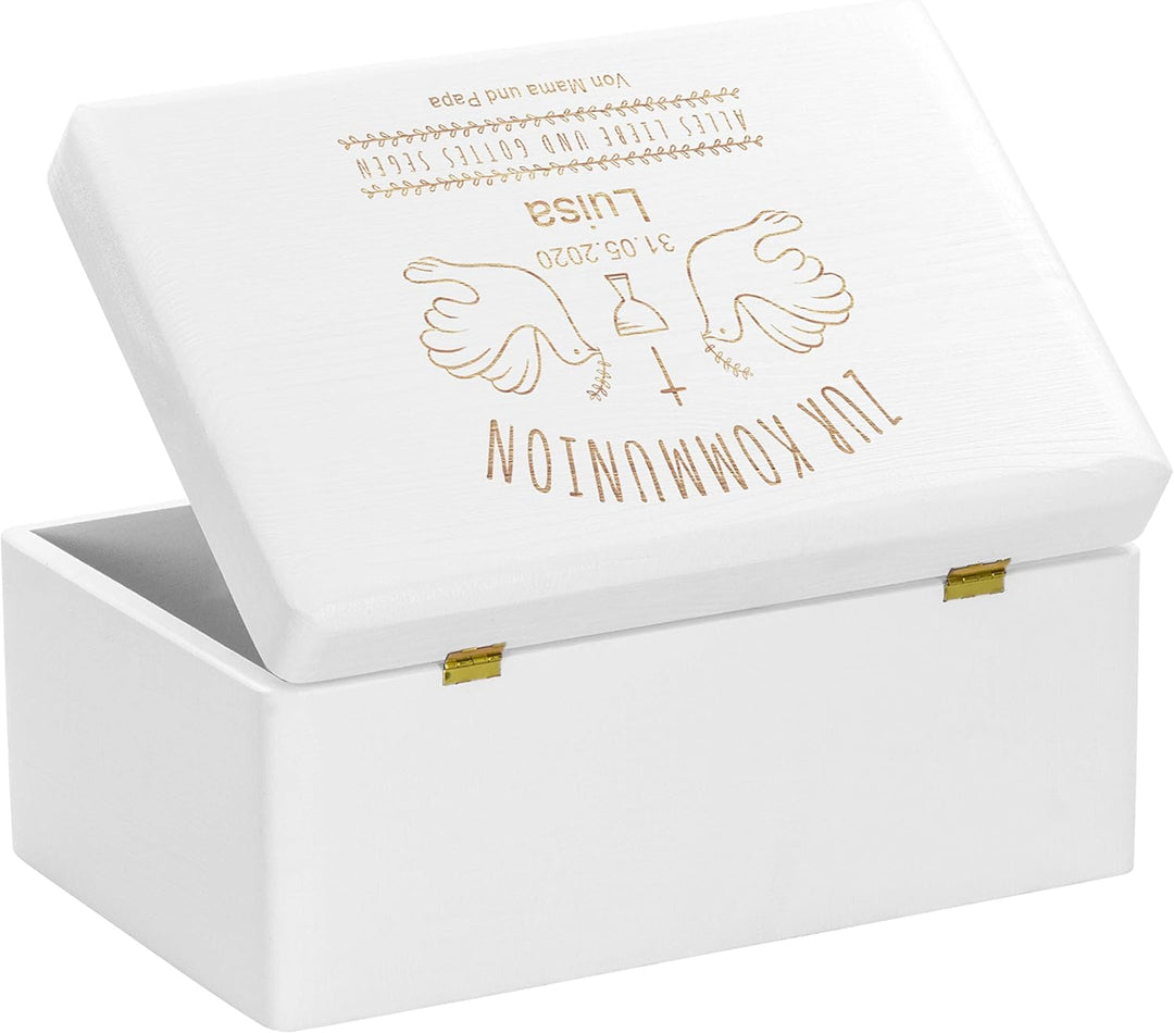LAUBLUST Holzkiste zur Kommunion - Tauben Motiv | Geschenkkiste Personalisiert mit Gravur, FSC® (Wei