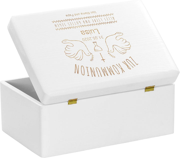 LAUBLUST Holzkiste zur Kommunion - Tauben Motiv | Geschenkkiste Personalisiert mit Gravur, FSC® (Wei