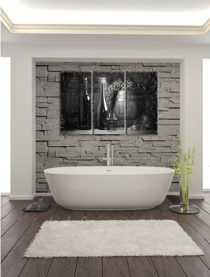 Pixxprint Fässer mit Weintrauben und Wein als Leinwandbild/Grösse: 3 Teilig (120x80) cm/Wandbild/Kun