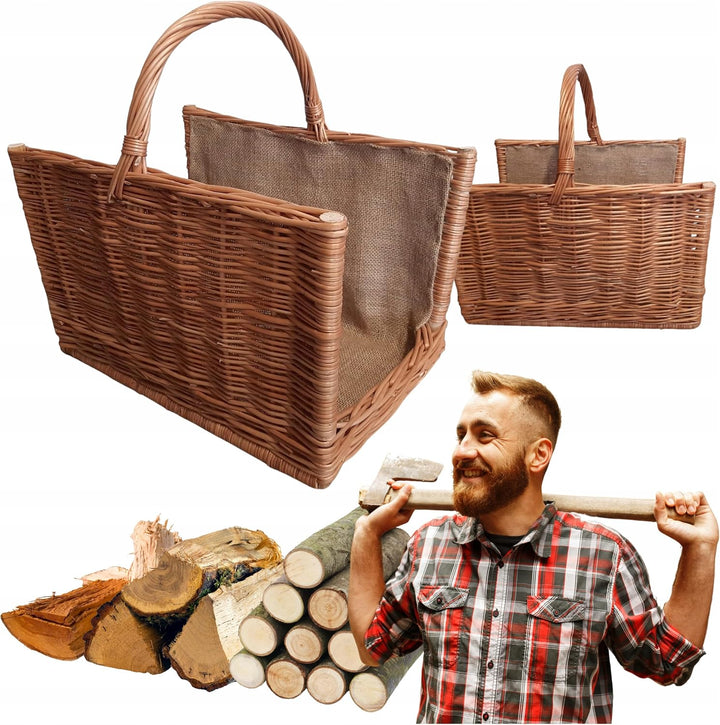 2er Set Kaminholzkörbe Aus Weide 50 x 35 cm + 47 x 30 cm Holzkorb Für Kaminholz Mit Jutefutter Stabi