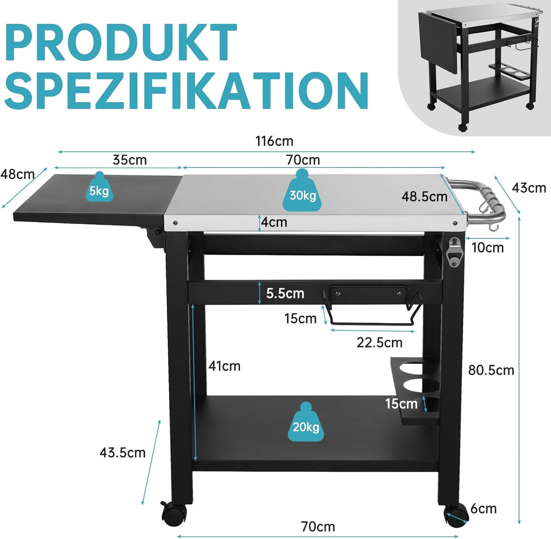 LIFERUN Grillwagen mit Klappbarem Beistelltisch, Robuster Grilltisch mit Edelstahl Tischplatte, 2-Eb
