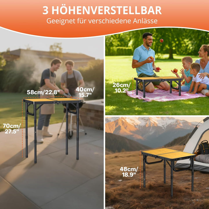 FUNYKICH Campingtisch Klapptisch 58x40cm, Faltbarer Grilltisch mit 3 Höhen Verstellbarer(26/48/70cm)