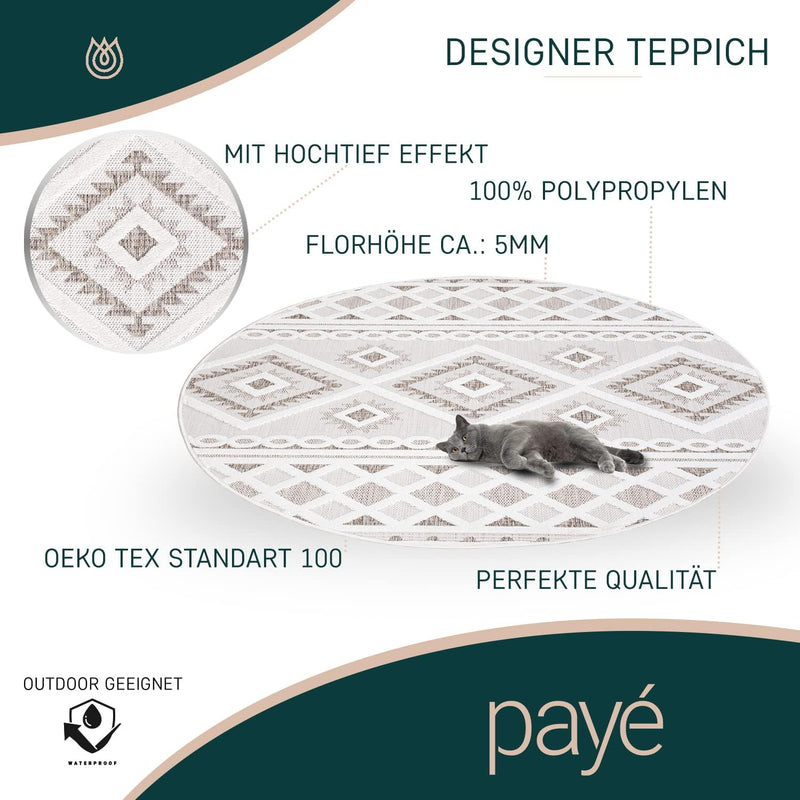 payé Teppich Outdoor Indoor - Rund 120cm - Raute Ornamente Creme Braun Weiss - Boho Design Modern Vi