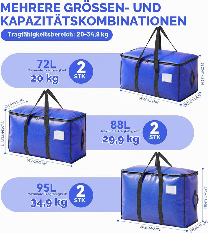 6pcs Grosse Aufbewahrungstasche 75L-95L Heavy-Duty Umzugstaschen mit 12 Kärtchen,Faltbare Umzugskart