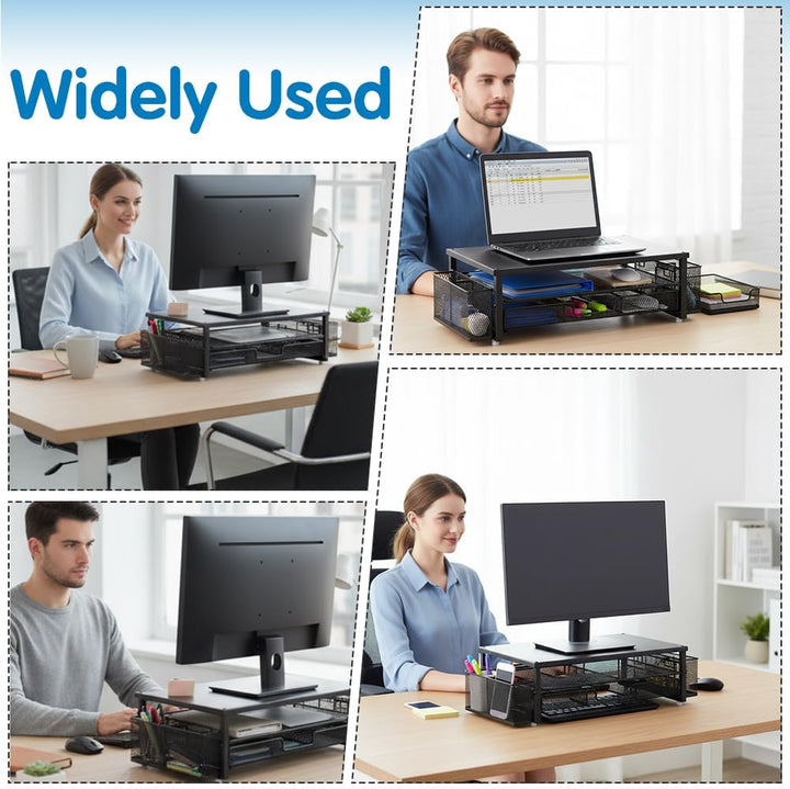 Monitorständer mit Schublade, 2-Stufiger Computer Monitor Erhöhung mit Schublade und 2 Stifthaltern,