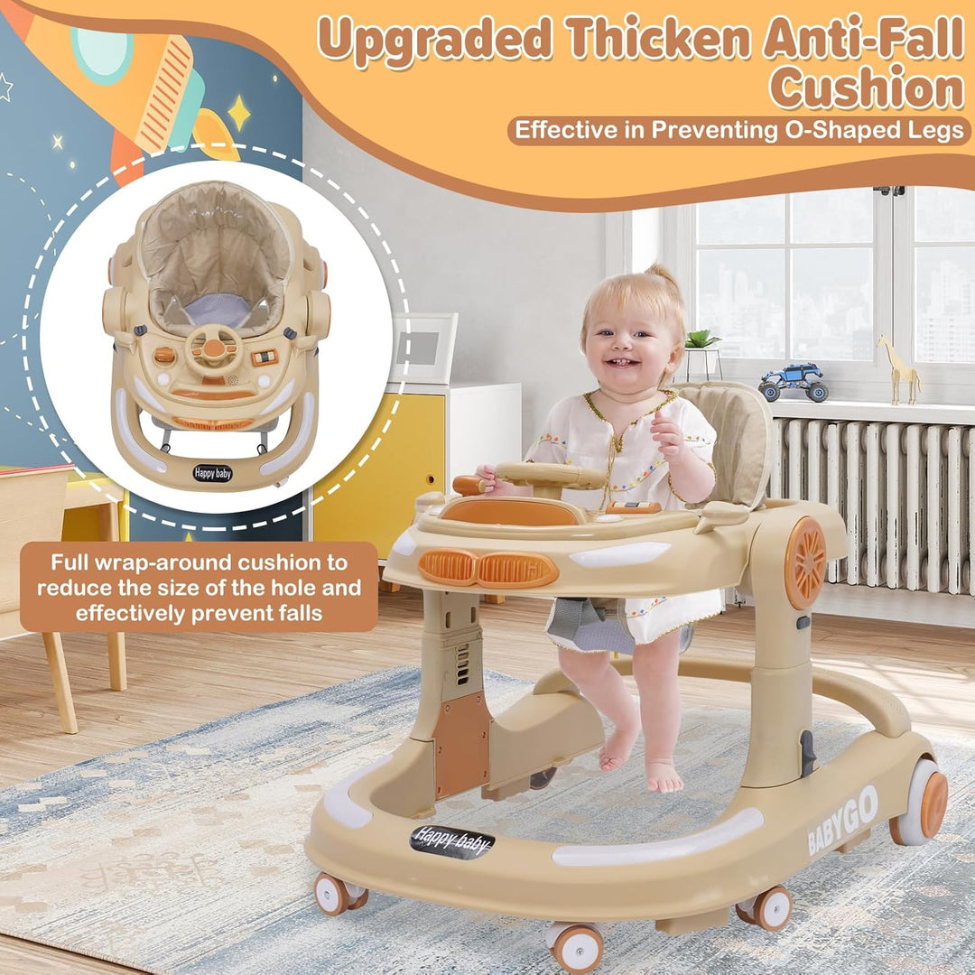 4 in 1 Lauflernhilfe, Baby Walker Höhenverstellbar, Gehhilfe mit Esstablett, Spielcenter, Bodenmatte