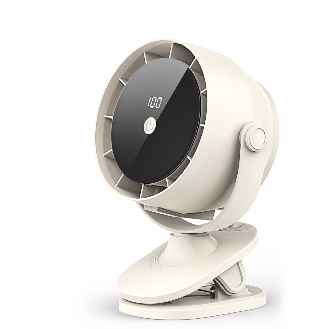Tragbarer USB Tischventilator mit Akku, 100 Stufen, 360° Drehen & Kippen, Digitalanzeige, Mit Klemme