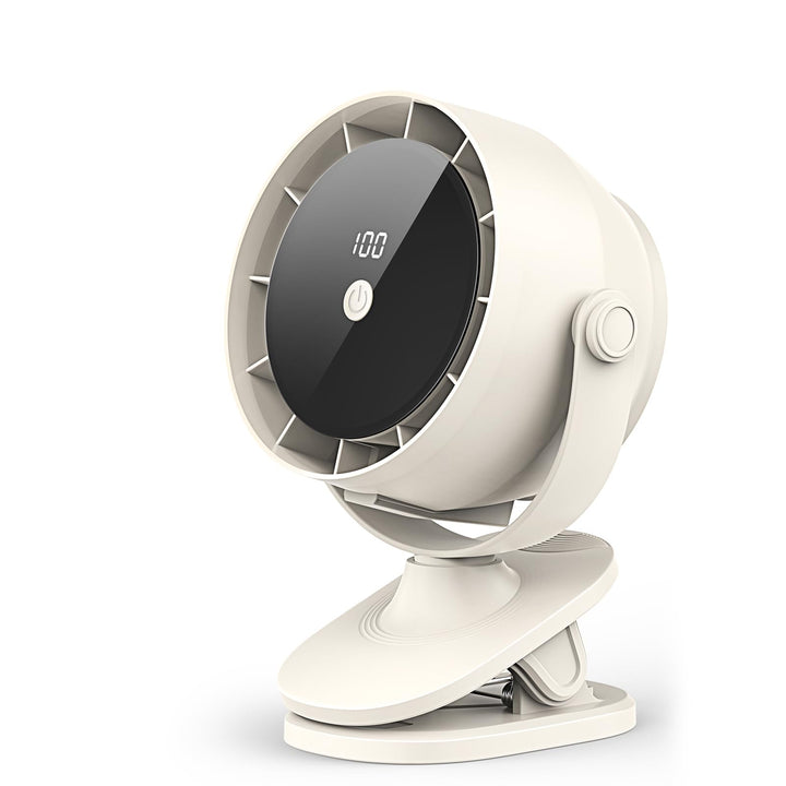 Tragbarer USB Tischventilator mit Akku, 100 Stufen, 360° Drehen & Kippen, Digitalanzeige, Mit Klemme