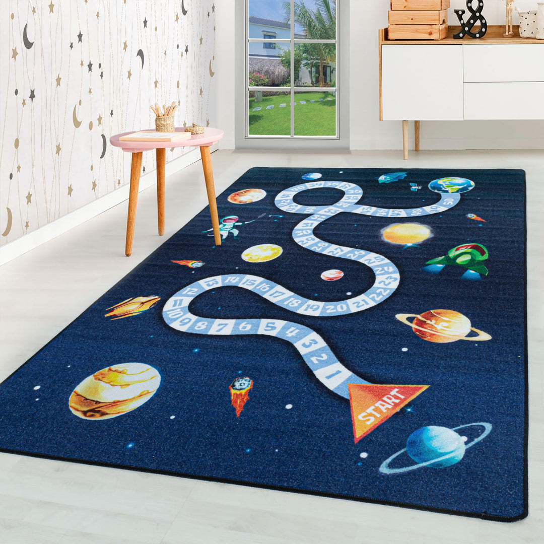 HomebyHome Kurzflor Kinderteppich Kinderzimmer Teppich Spiel Weltall Planet Rakete Blau, Farbe:Marin
