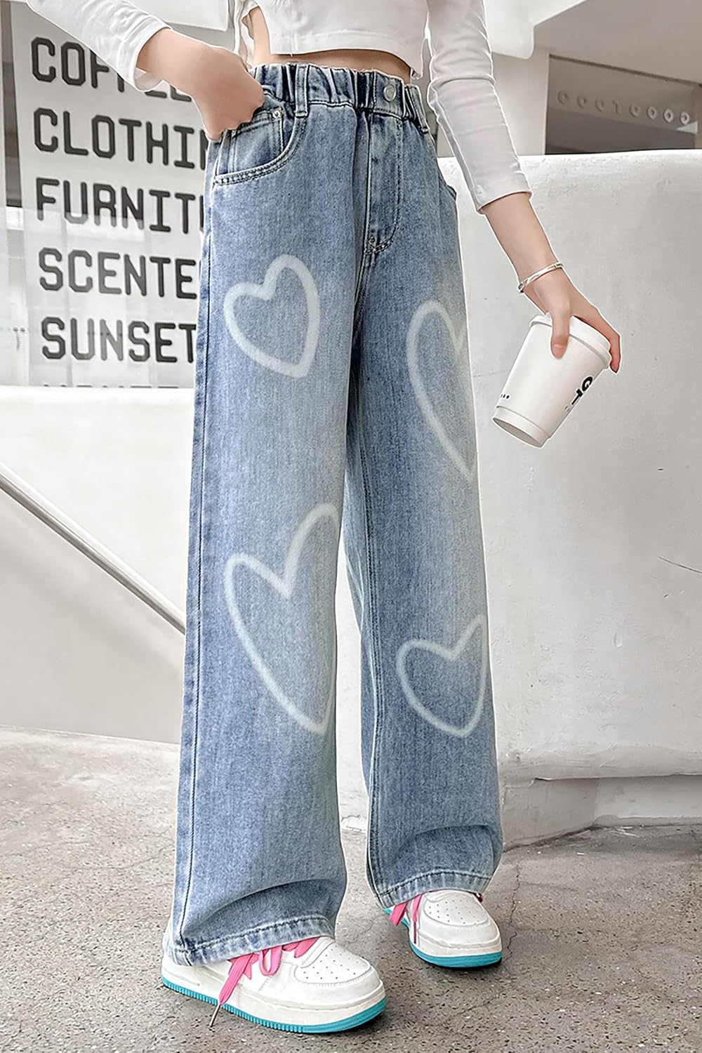 Rolanko Mädchen Jean Hosen Loch Denim Blau Jeans, Vintage Hose mit weitem Bein für Kinder Fit 10-11