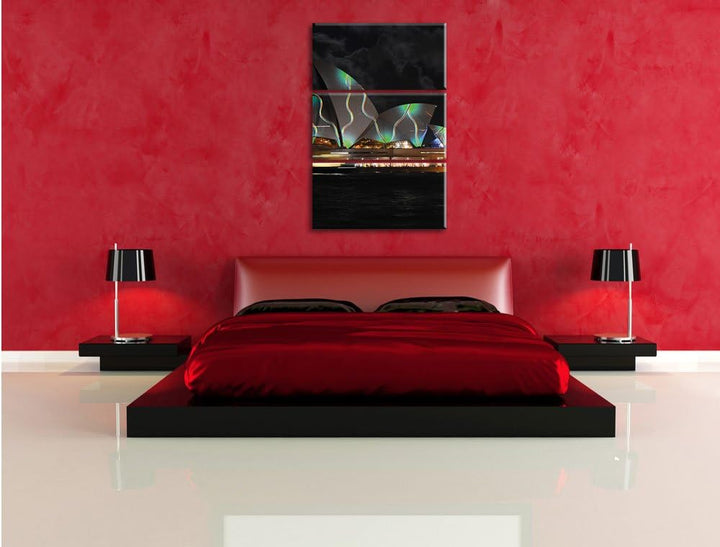 Pixxprint Sydney Opera House grüne Beleuchtung 3-Teiler Leinwandbild 120x80 Bild auf Leinwand