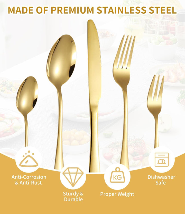 Besteck Set 12 Personen, 60 teilig Goldenes Edelstahl Bestecksets, Elegantes Essbesteck, Hochglanzpo