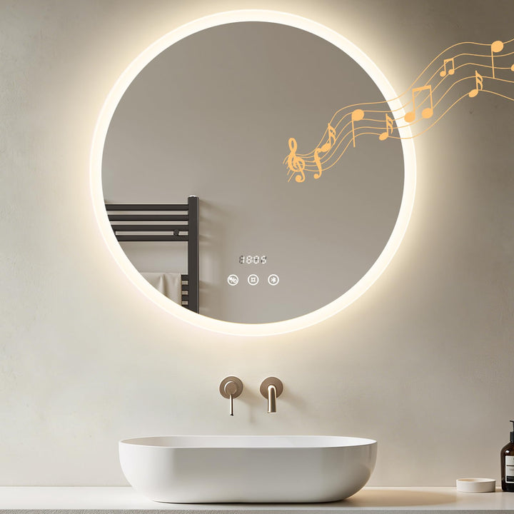 Heilmetz LED Badspiegel Rund 60cm mit Bluetooth Lautsprecher & Acrylrahmen, Badezimmerspiegel mit Be