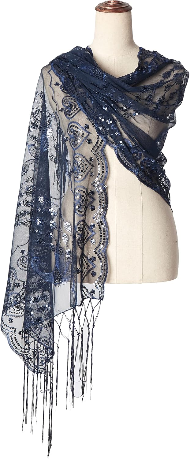 BABEYOND Pailletten-Schal für Damen, 1920er-Stil, Fransen, Abendumhang, Hochzeit, Braut-Schal, Schal