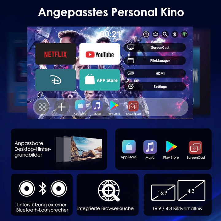 WOLFANG Mini Beamer【Integrierte Apps & WiFi 6】 1080P Tragbarer Projektor mit Bluetooth 5.4 und Auto